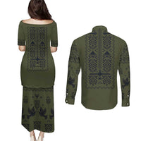 Ukraine Military Vyshyvanka Pattern Couples Matching Puletasi and Long Sleeve Button Shirt Ukrainian Heritage Green Tactical Style - Wonder Print Shop