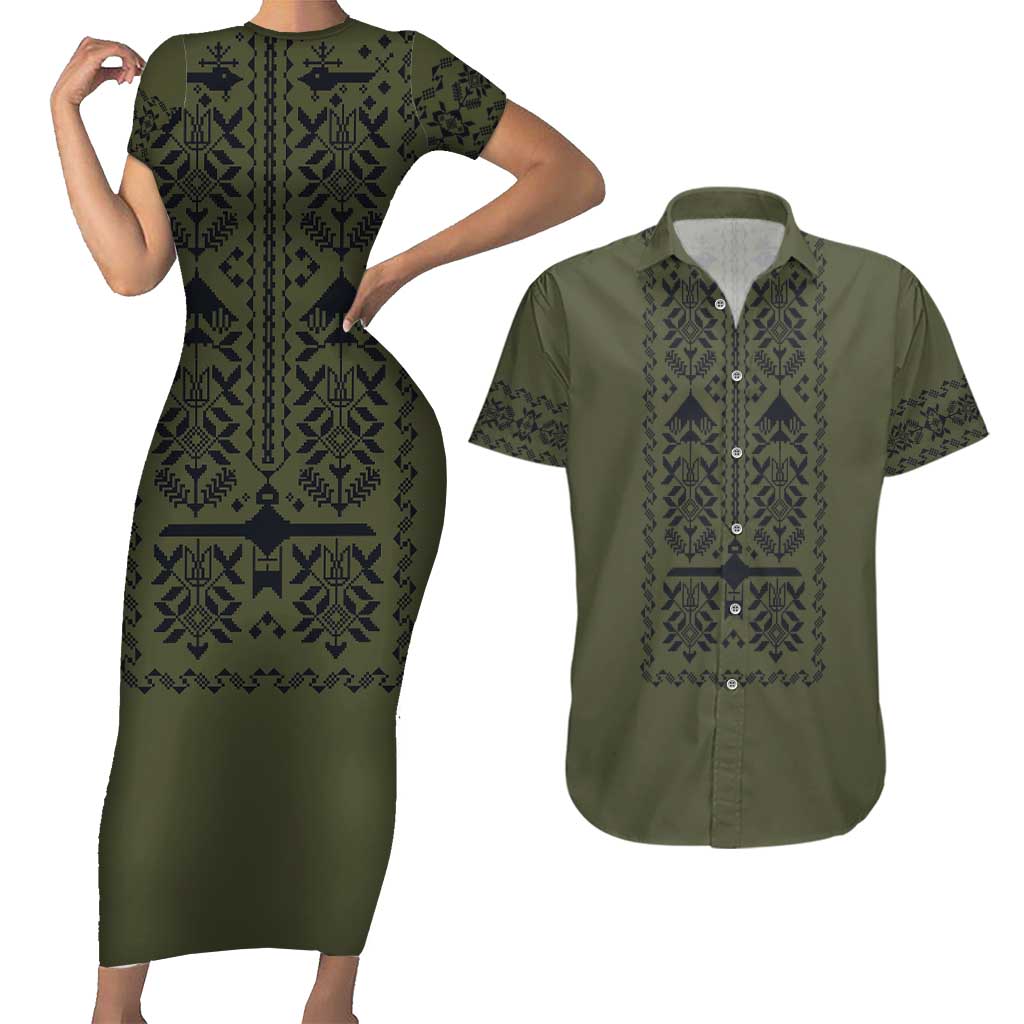 Ukraine Military Vyshyvanka Pattern Couples Matching Short Sleeve Bodycon Dress and Hawaiian Shirt Ukrainian Heritage Green Tactical Style - Wonder Print Shop