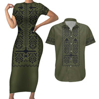 Ukraine Military Vyshyvanka Pattern Couples Matching Short Sleeve Bodycon Dress and Hawaiian Shirt Ukrainian Heritage Green Tactical Style - Wonder Print Shop