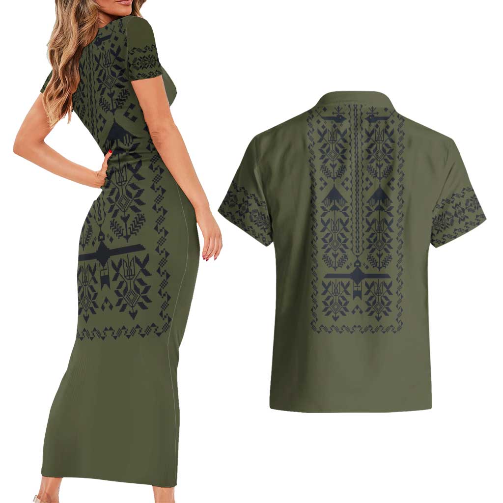 Ukraine Military Vyshyvanka Pattern Couples Matching Short Sleeve Bodycon Dress and Hawaiian Shirt Ukrainian Heritage Green Tactical Style - Wonder Print Shop