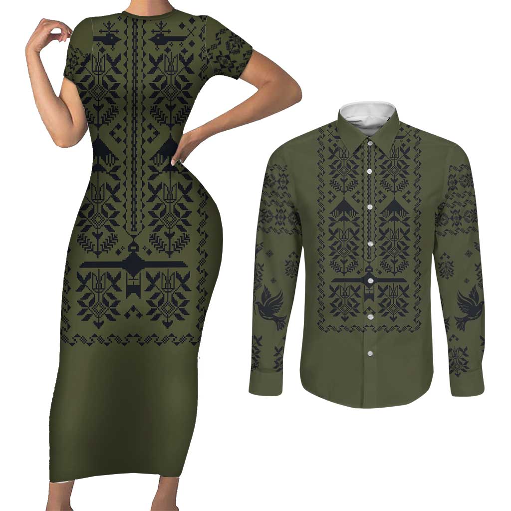 Ukraine Military Vyshyvanka Pattern Couples Matching Short Sleeve Bodycon Dress and Long Sleeve Button Shirt Ukrainian Heritage Green Tactical Style - Wonder Print Shop