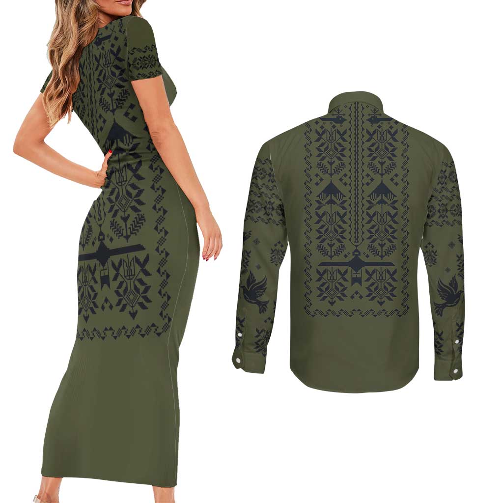 Ukraine Military Vyshyvanka Pattern Couples Matching Short Sleeve Bodycon Dress and Long Sleeve Button Shirt Ukrainian Heritage Green Tactical Style - Wonder Print Shop