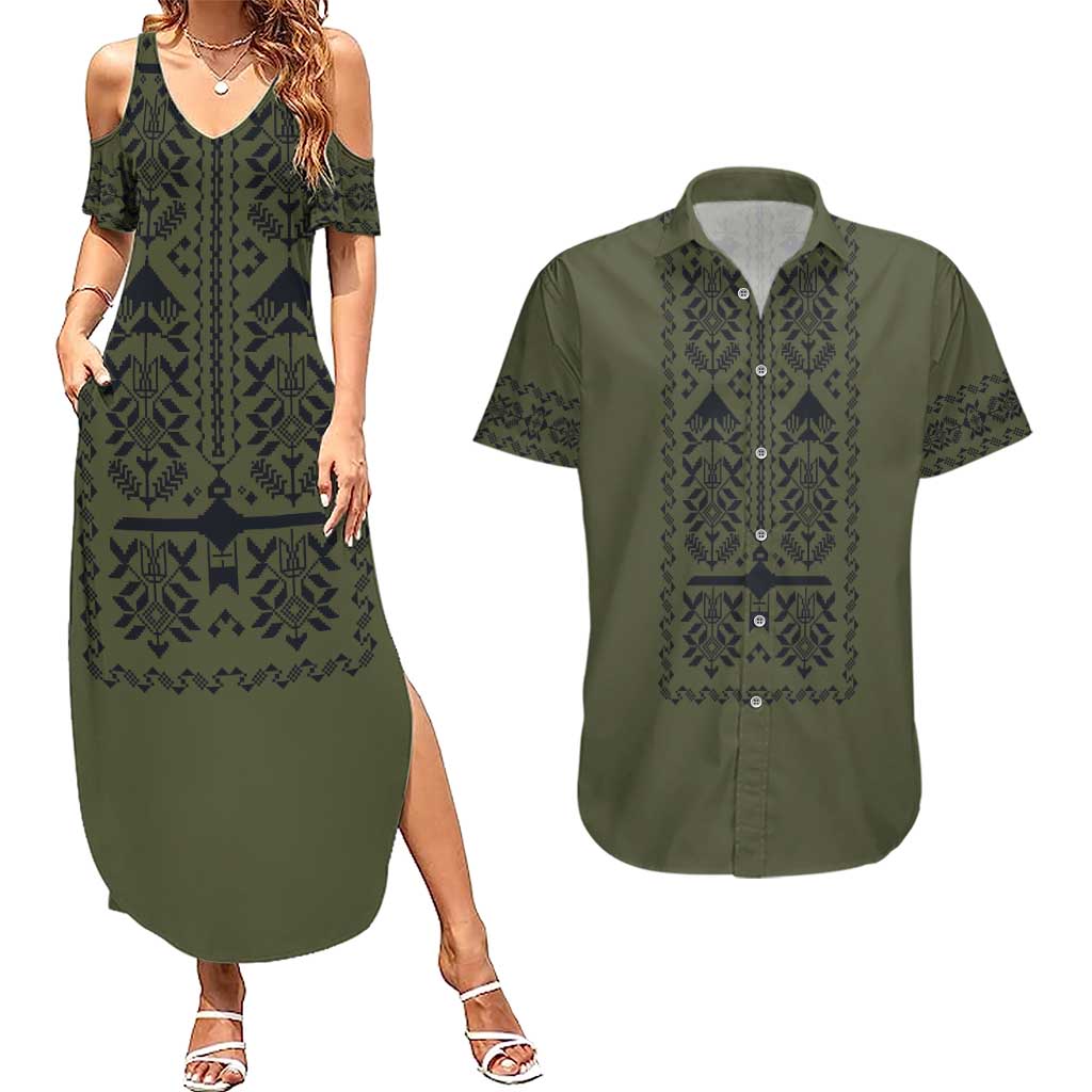 Ukraine Military Vyshyvanka Pattern Couples Matching Summer Maxi Dress and Hawaiian Shirt Ukrainian Heritage Green Tactical Style - Wonder Print Shop