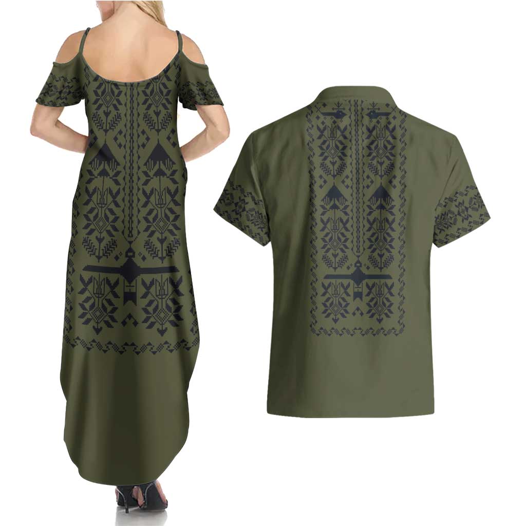 Ukraine Military Vyshyvanka Pattern Couples Matching Summer Maxi Dress and Hawaiian Shirt Ukrainian Heritage Green Tactical Style - Wonder Print Shop