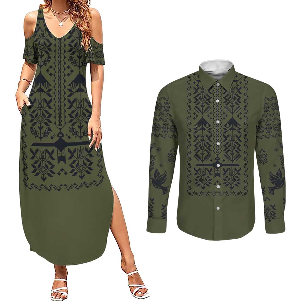 Ukraine Military Vyshyvanka Pattern Couples Matching Summer Maxi Dress and Long Sleeve Button Shirt Ukrainian Heritage Green Tactical Style - Wonder Print Shop