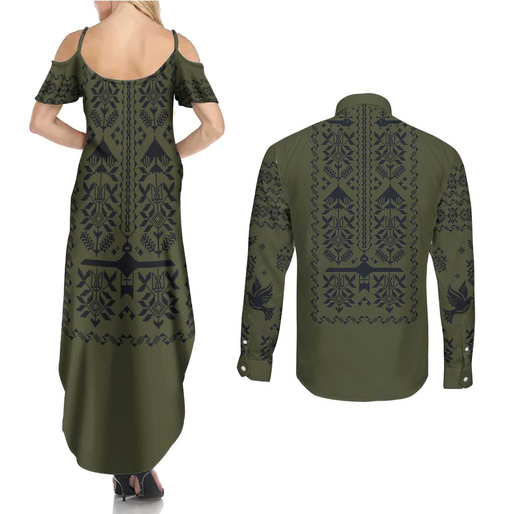 Ukraine Military Vyshyvanka Pattern Couples Matching Summer Maxi Dress and Long Sleeve Button Shirt Ukrainian Heritage Green Tactical Style - Wonder Print Shop