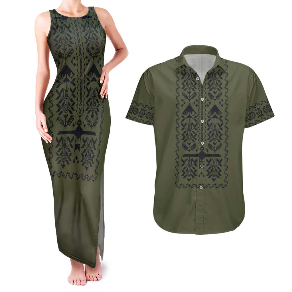Ukraine Military Vyshyvanka Pattern Couples Matching Tank Maxi Dress and Hawaiian Shirt Ukrainian Heritage Green Tactical Style - Wonder Print Shop