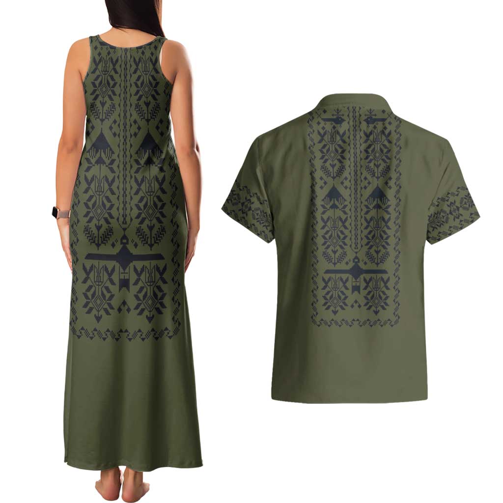 Ukraine Military Vyshyvanka Pattern Couples Matching Tank Maxi Dress and Hawaiian Shirt Ukrainian Heritage Green Tactical Style - Wonder Print Shop