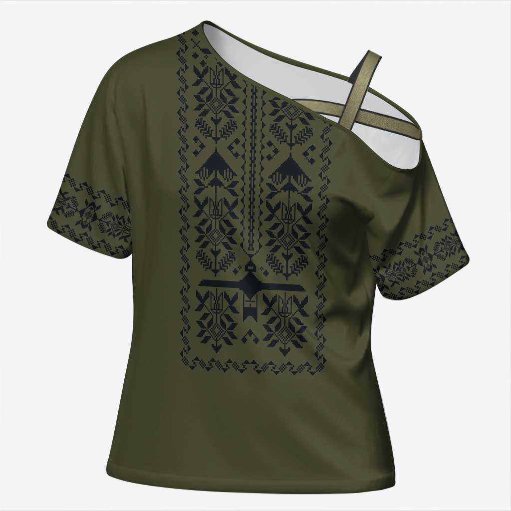 Ukraine Military Vyshyvanka Pattern Cross Shoulder Shirt Ukrainian Heritage Green Tactical Style - Wonder Print Shop
