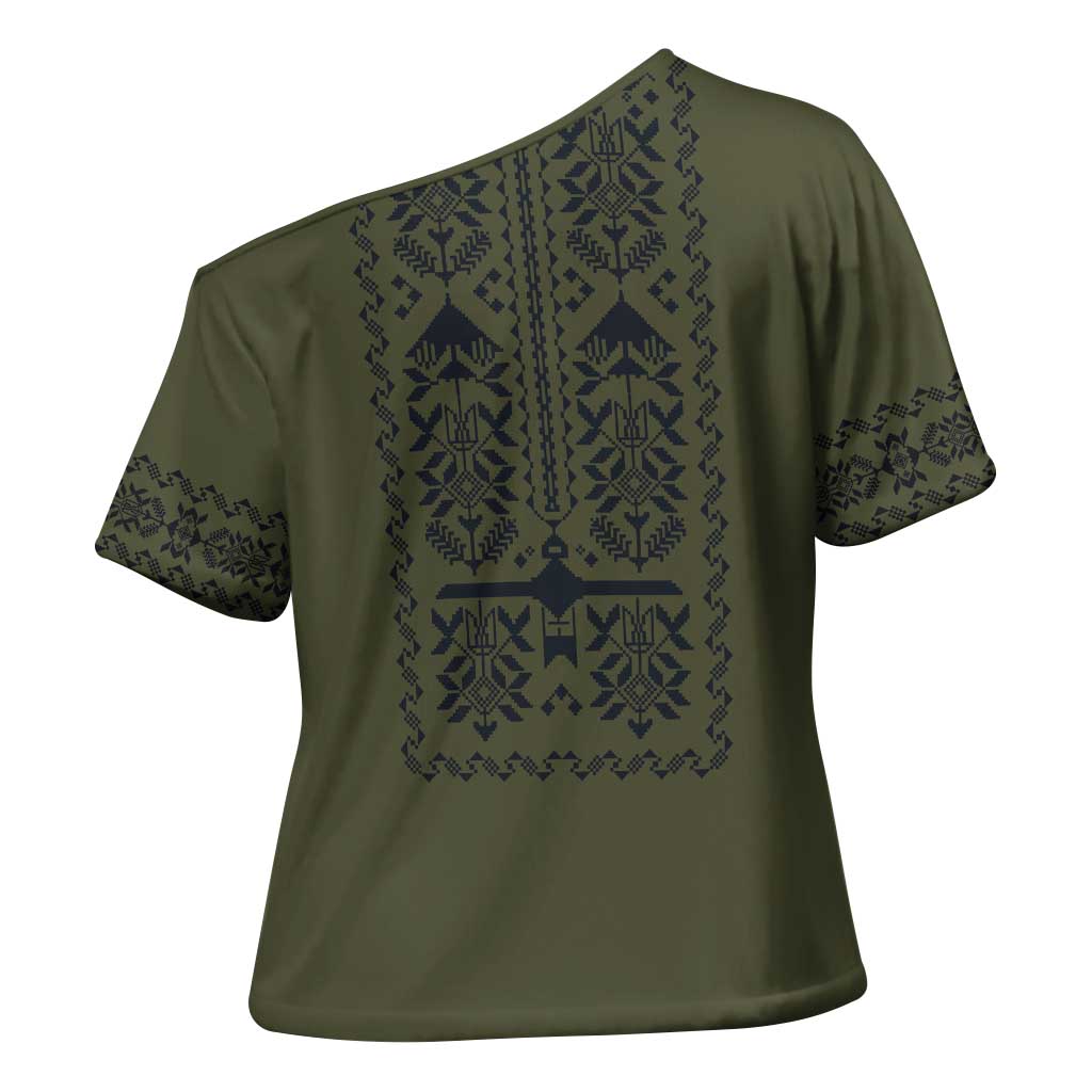 Ukraine Military Vyshyvanka Pattern Cross Shoulder Shirt Ukrainian Heritage Green Tactical Style - Wonder Print Shop