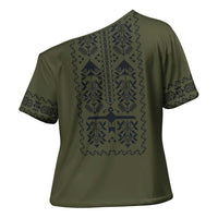 Ukraine Military Vyshyvanka Pattern Cross Shoulder Shirt Ukrainian Heritage Green Tactical Style - Wonder Print Shop