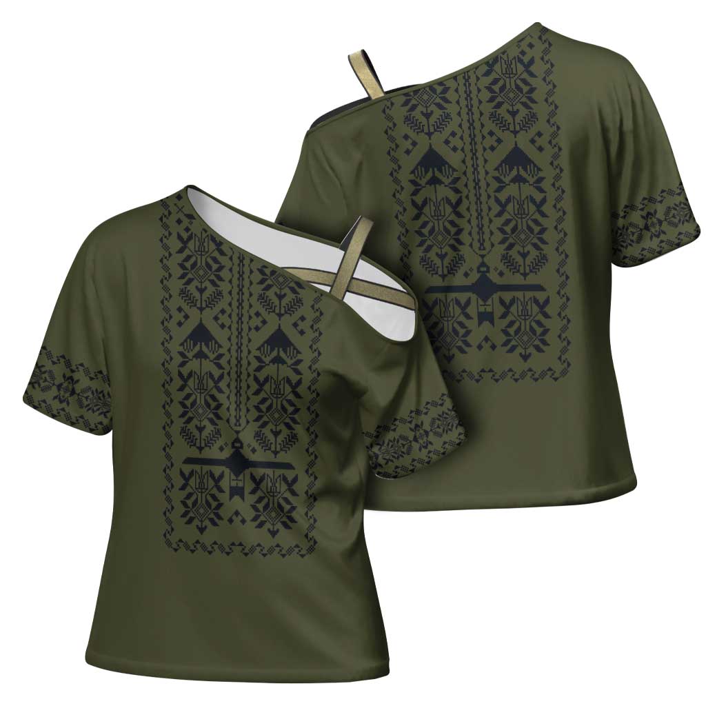 Ukraine Military Vyshyvanka Pattern Cross Shoulder Shirt Ukrainian Heritage Green Tactical Style - Wonder Print Shop
