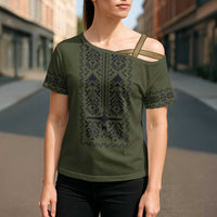 Ukraine Military Vyshyvanka Pattern Cross Shoulder Shirt Ukrainian Heritage Green Tactical Style - Wonder Print Shop