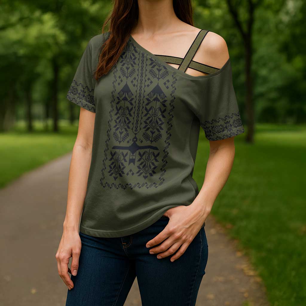 Ukraine Military Vyshyvanka Pattern Cross Shoulder Shirt Ukrainian Heritage Green Tactical Style - Wonder Print Shop