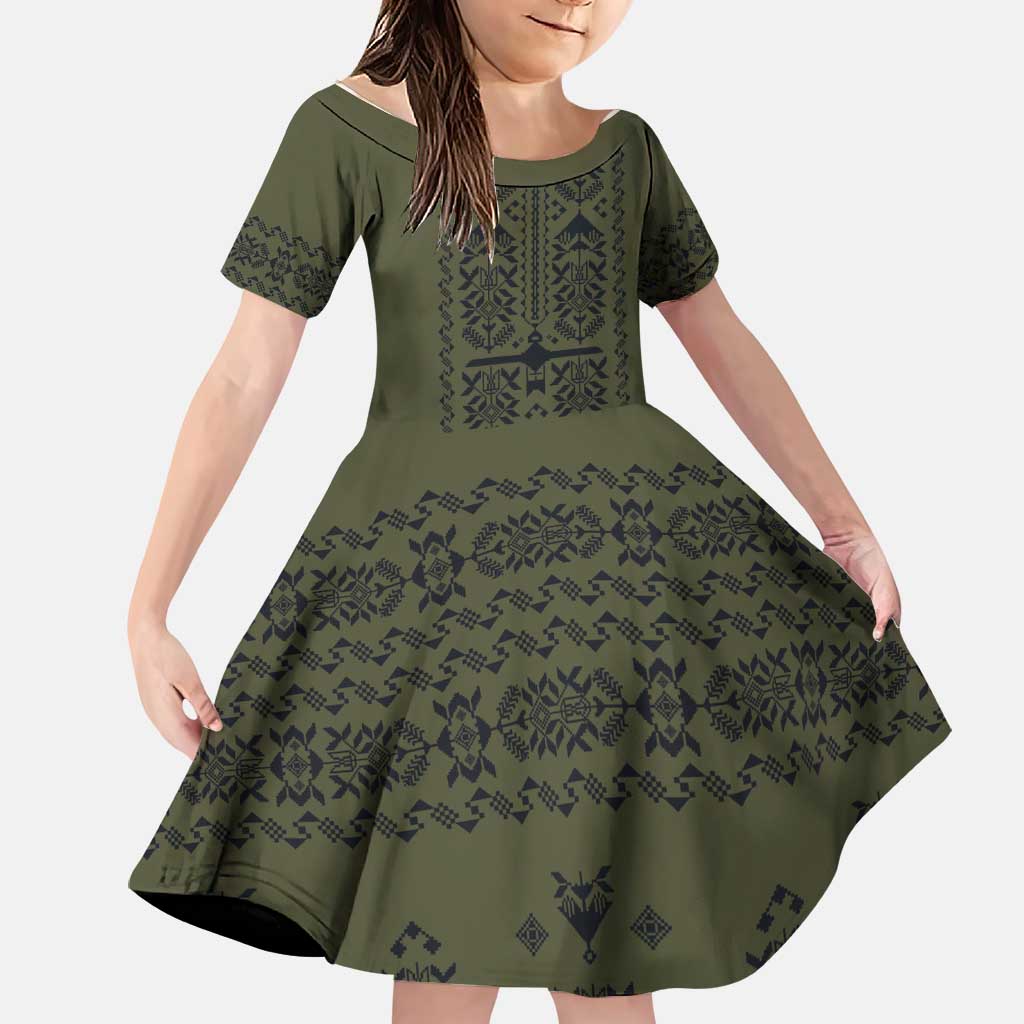 Ukraine Military Vyshyvanka Pattern Family Matching Long Sleeve Bodycon Dress and Hawaiian Shirt Ukrainian Heritage Green Tactical Style