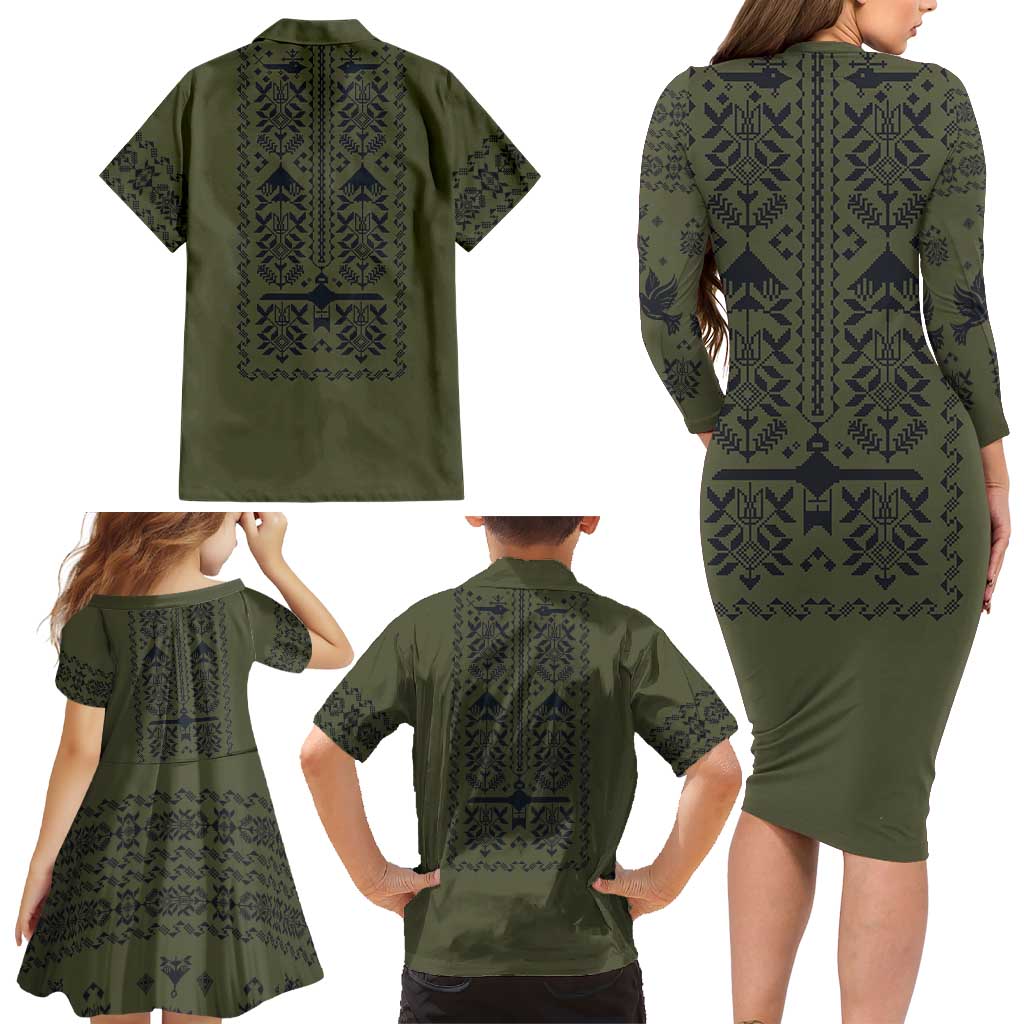 Ukraine Military Vyshyvanka Pattern Family Matching Long Sleeve Bodycon Dress and Hawaiian Shirt Ukrainian Heritage Green Tactical Style