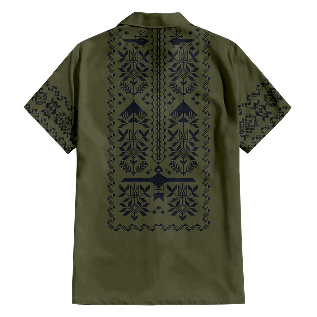 Ukraine Military Vyshyvanka Pattern Family Matching Long Sleeve Bodycon Dress and Hawaiian Shirt Ukrainian Heritage Green Tactical Style