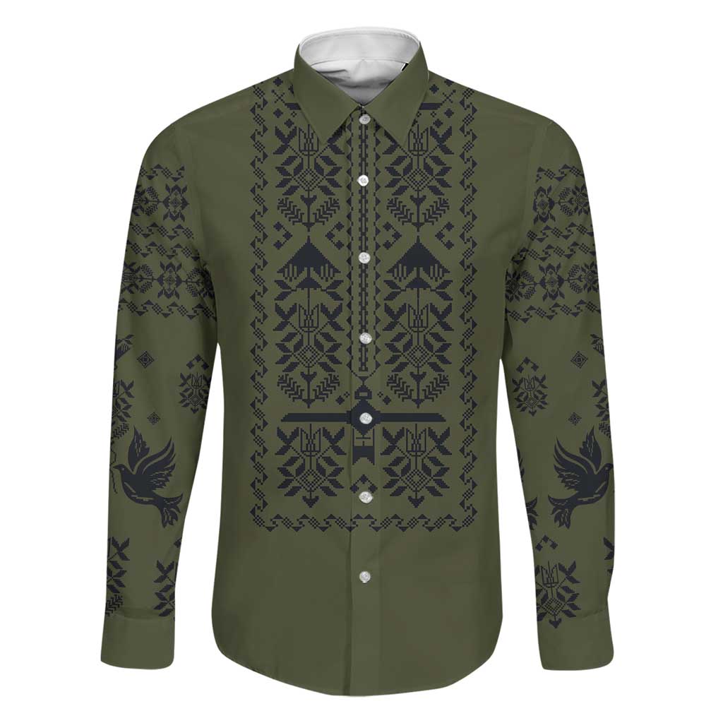 Ukraine Military Vyshyvanka Pattern Family Matching Long Sleeve Bodycon Dress and Hawaiian Shirt Ukrainian Heritage Green Tactical Style