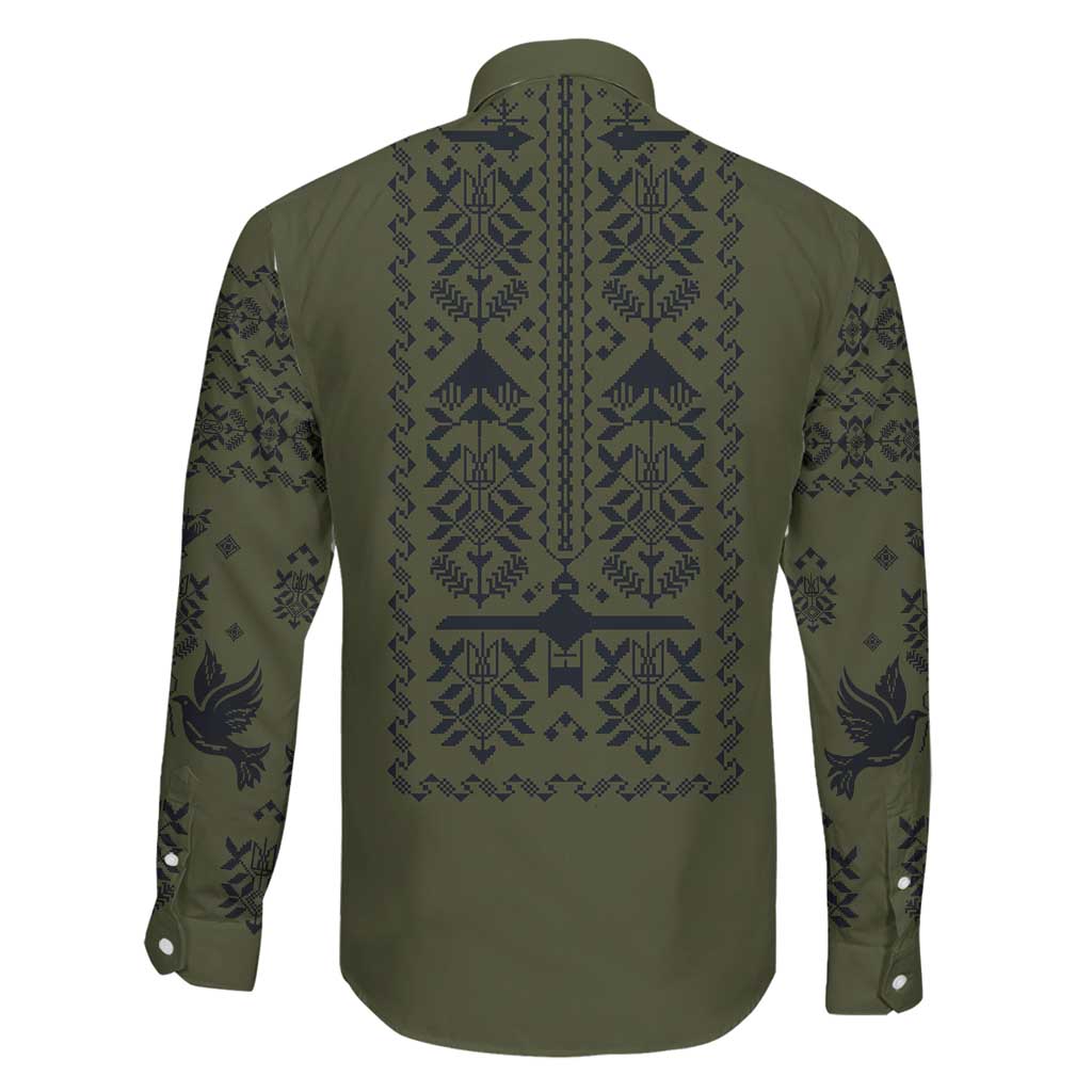 Ukraine Military Vyshyvanka Pattern Family Matching Long Sleeve Bodycon Dress and Hawaiian Shirt Ukrainian Heritage Green Tactical Style