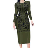 Ukraine Military Vyshyvanka Pattern Family Matching Long Sleeve Bodycon Dress and Hawaiian Shirt Ukrainian Heritage Green Tactical Style