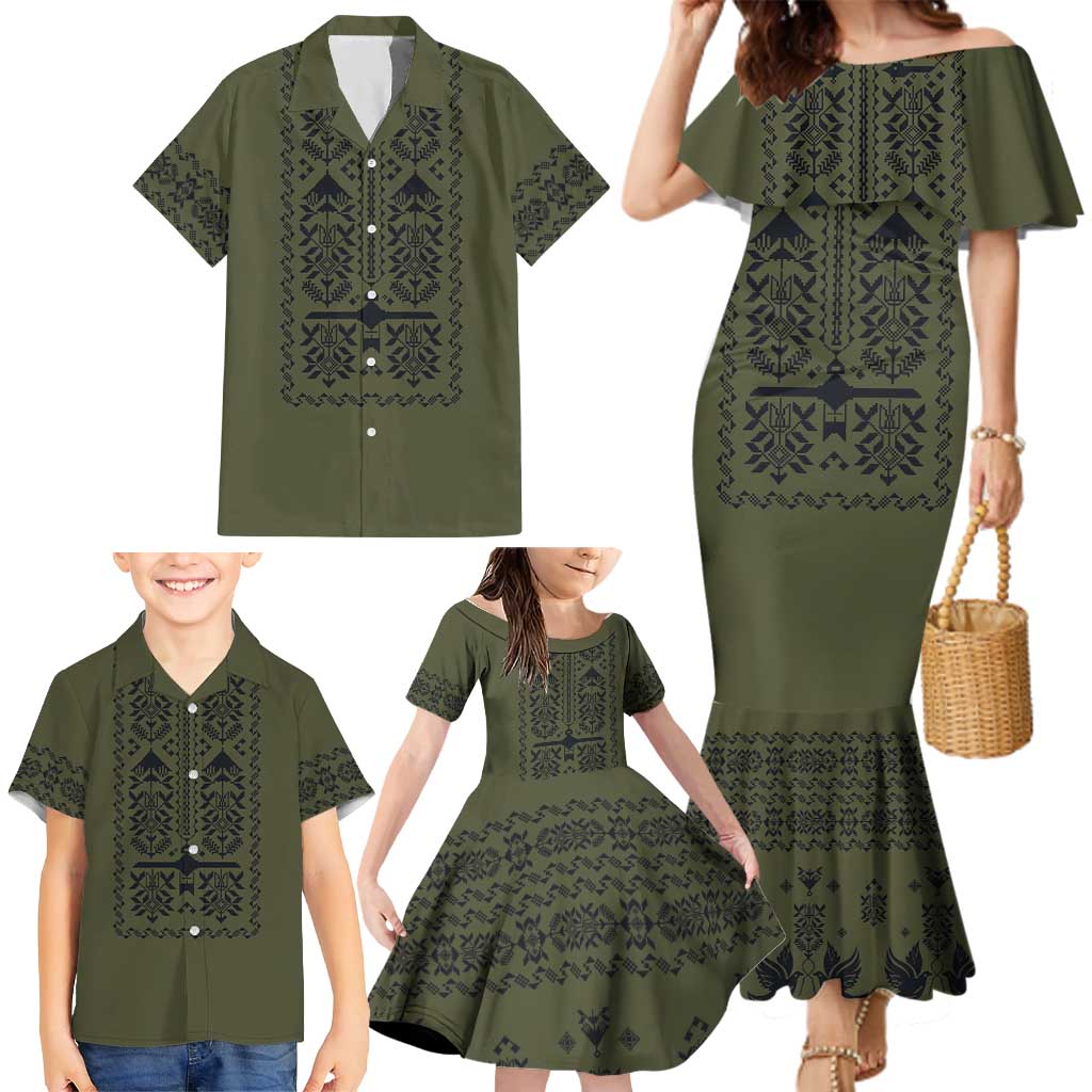 Ukraine Military Vyshyvanka Pattern Family Matching Mermaid Dress and Hawaiian Shirt Ukrainian Heritage Green Tactical Style