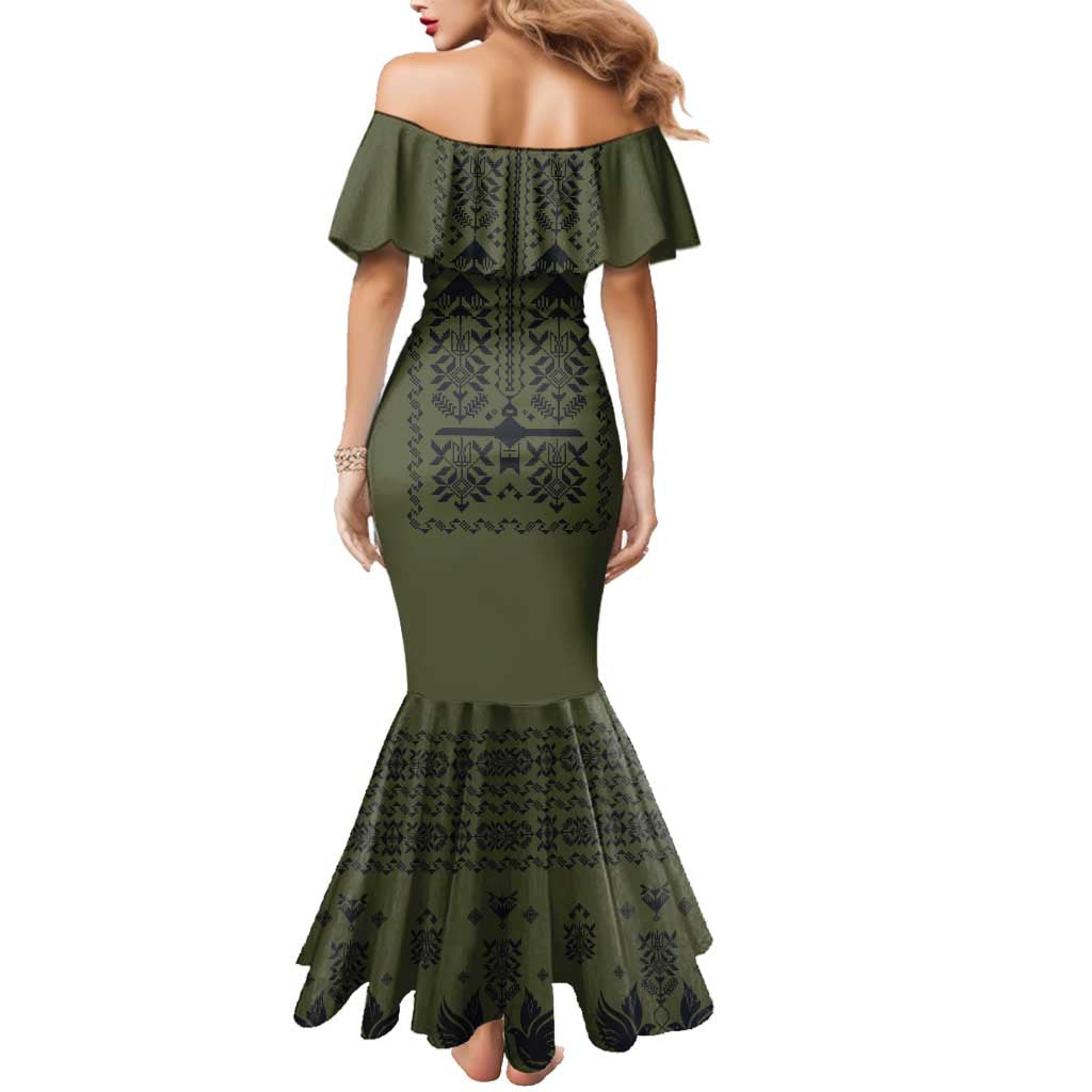 Ukraine Military Vyshyvanka Pattern Family Matching Mermaid Dress and Hawaiian Shirt Ukrainian Heritage Green Tactical Style