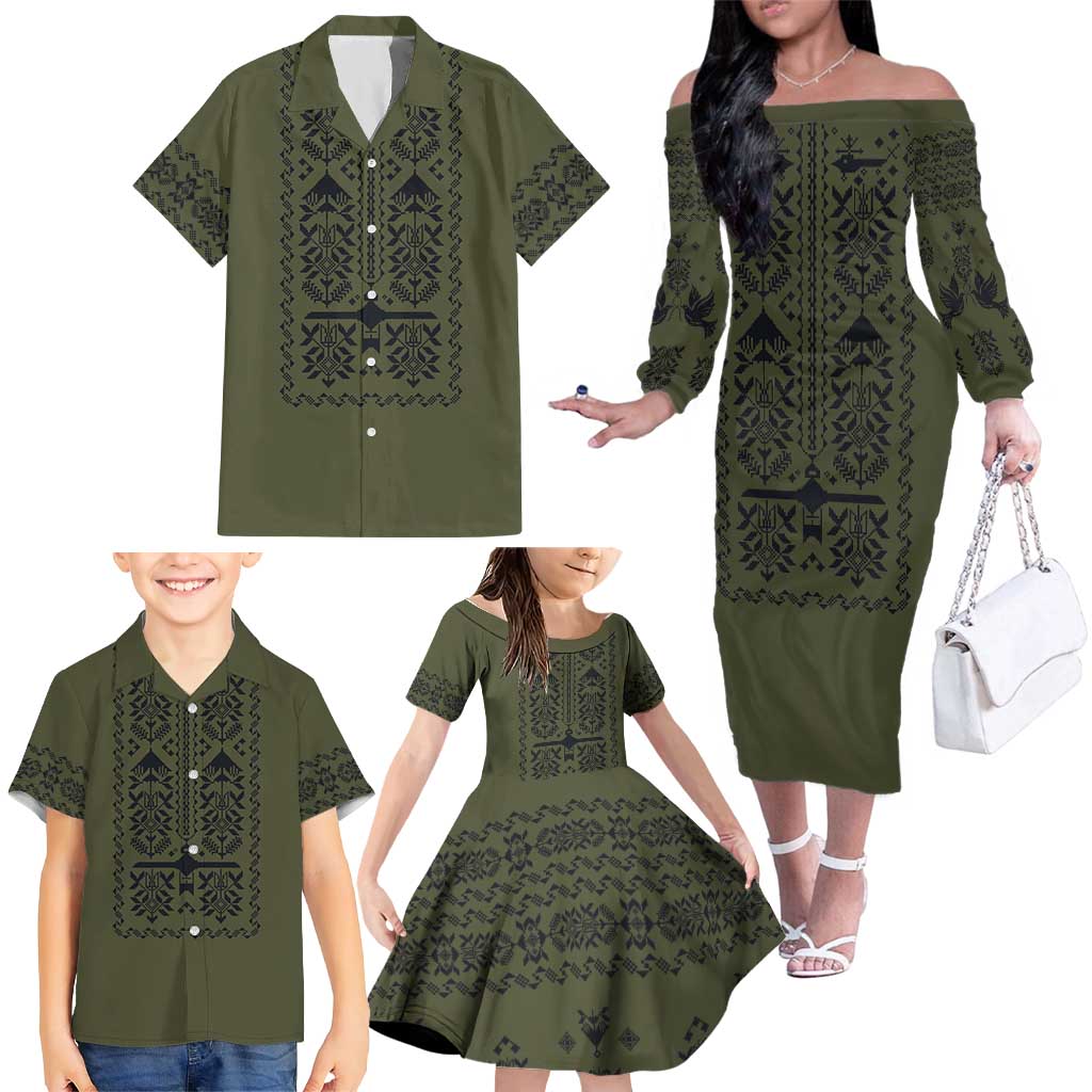 Ukraine Military Vyshyvanka Pattern Family Matching Off The Shoulder Long Sleeve Dress and Hawaiian Shirt Ukrainian Heritage Green Tactical Style