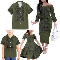 Ukraine Military Vyshyvanka Pattern Family Matching Off The Shoulder Long Sleeve Dress and Hawaiian Shirt Ukrainian Heritage Green Tactical Style
