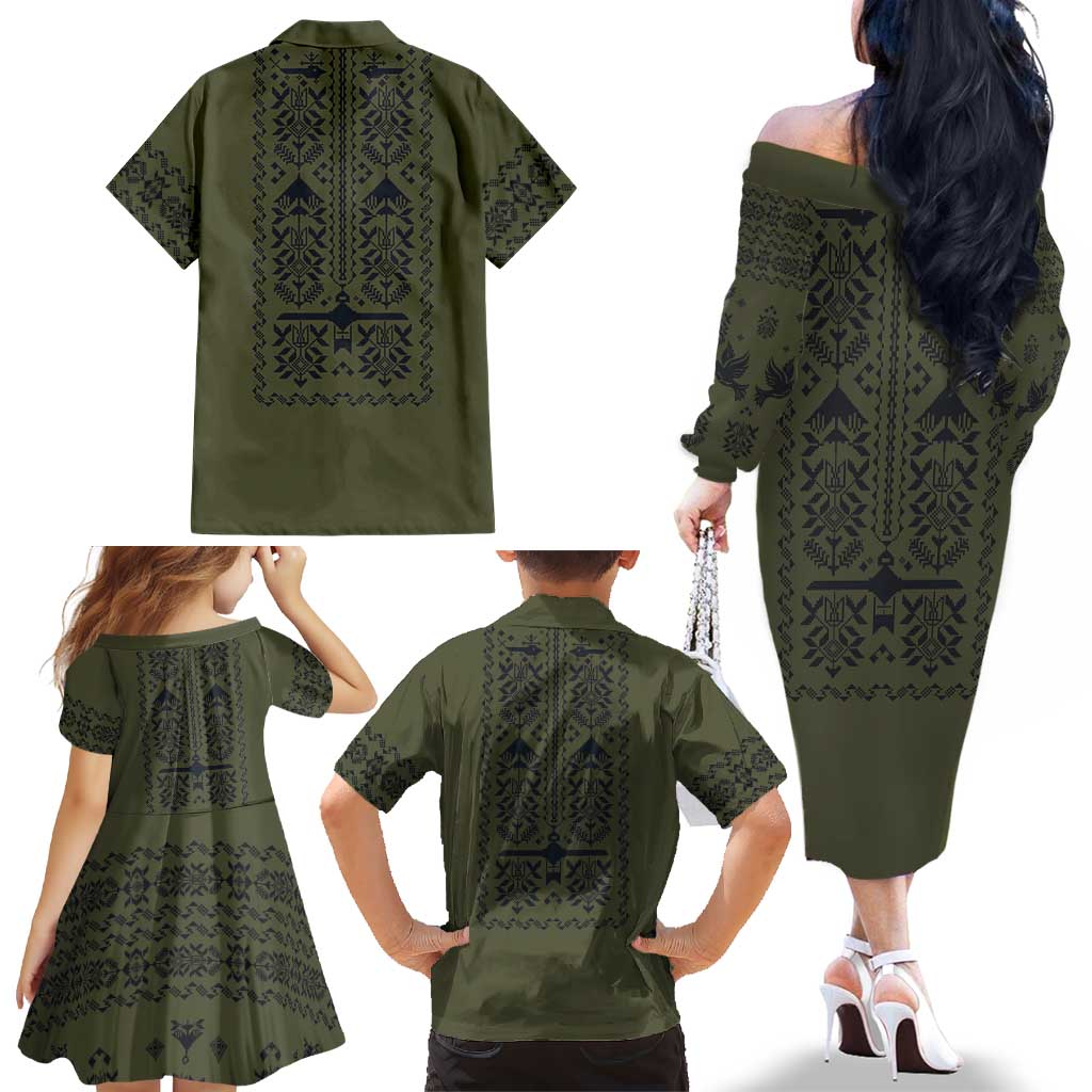 Ukraine Military Vyshyvanka Pattern Family Matching Off The Shoulder Long Sleeve Dress and Hawaiian Shirt Ukrainian Heritage Green Tactical Style