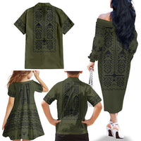 Ukraine Military Vyshyvanka Pattern Family Matching Off The Shoulder Long Sleeve Dress and Hawaiian Shirt Ukrainian Heritage Green Tactical Style