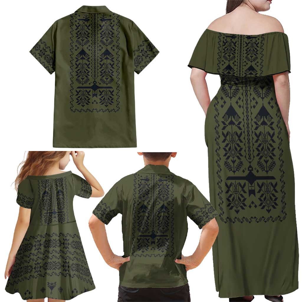 Ukraine Military Vyshyvanka Pattern Family Matching Off Shoulder Maxi Dress and Hawaiian Shirt Ukrainian Heritage Green Tactical Style