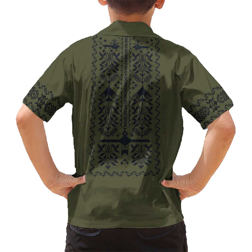 Ukraine Military Vyshyvanka Pattern Family Matching Off Shoulder Short Dress and Hawaiian Shirt Ukrainian Heritage Green Tactical Style