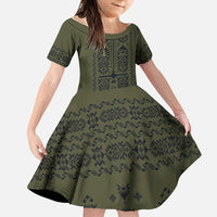 Ukraine Military Vyshyvanka Pattern Family Matching Off Shoulder Short Dress and Hawaiian Shirt Ukrainian Heritage Green Tactical Style