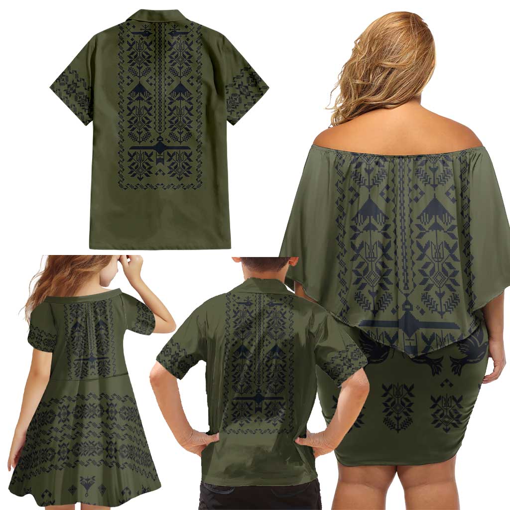 Ukraine Military Vyshyvanka Pattern Family Matching Off Shoulder Short Dress and Hawaiian Shirt Ukrainian Heritage Green Tactical Style