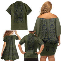 Ukraine Military Vyshyvanka Pattern Family Matching Off Shoulder Short Dress and Hawaiian Shirt Ukrainian Heritage Green Tactical Style