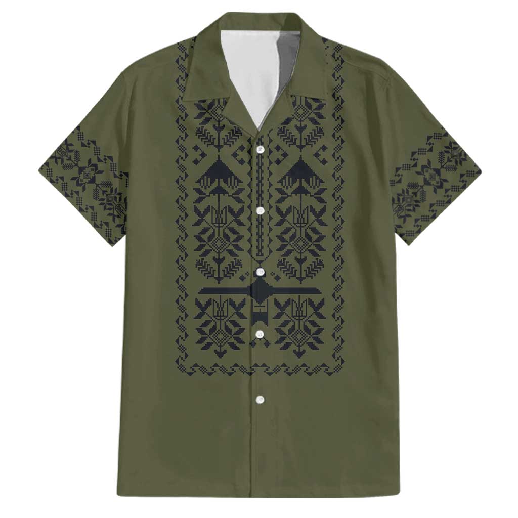 Ukraine Military Vyshyvanka Pattern Family Matching Off Shoulder Short Dress and Hawaiian Shirt Ukrainian Heritage Green Tactical Style