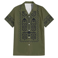 Ukraine Military Vyshyvanka Pattern Family Matching Off Shoulder Short Dress and Hawaiian Shirt Ukrainian Heritage Green Tactical Style