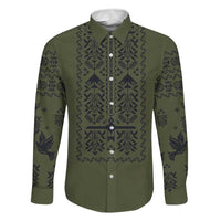 Ukraine Military Vyshyvanka Pattern Family Matching Off Shoulder Short Dress and Hawaiian Shirt Ukrainian Heritage Green Tactical Style
