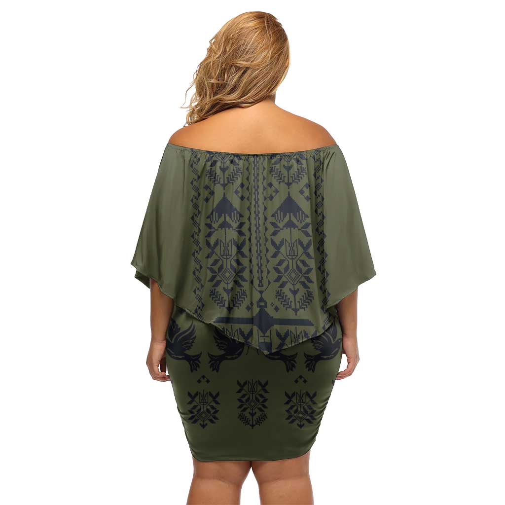 Ukraine Military Vyshyvanka Pattern Family Matching Off Shoulder Short Dress and Hawaiian Shirt Ukrainian Heritage Green Tactical Style