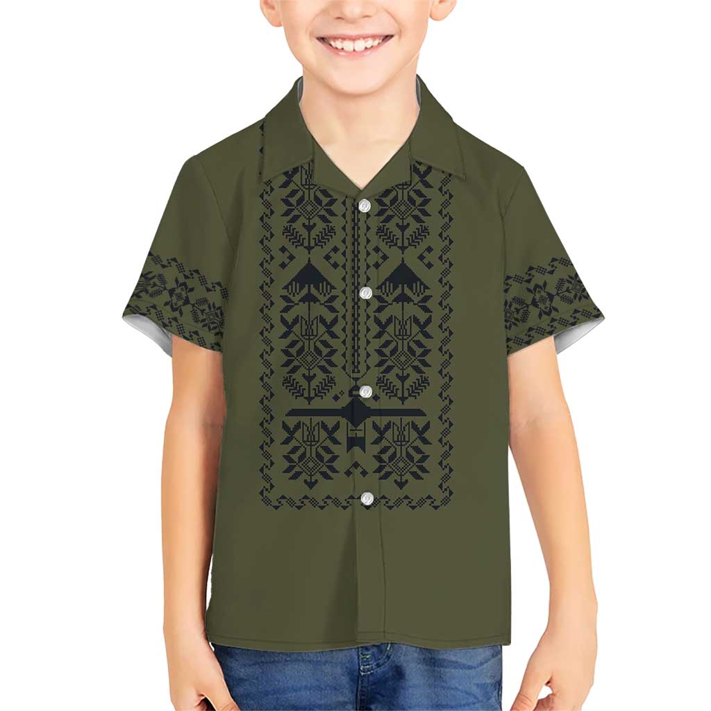 Ukraine Military Vyshyvanka Pattern Family Matching Off Shoulder Short Dress and Hawaiian Shirt Ukrainian Heritage Green Tactical Style