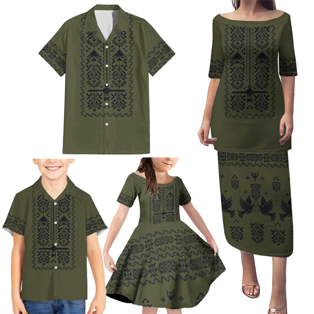 Ukraine Military Vyshyvanka Pattern Family Matching Puletasi and Hawaiian Shirt Ukrainian Heritage Green Tactical Style