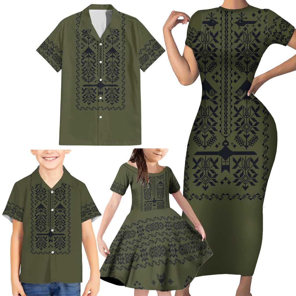 Ukraine Military Vyshyvanka Pattern Family Matching Short Sleeve Bodycon Dress and Hawaiian Shirt Ukrainian Heritage Green Tactical Style