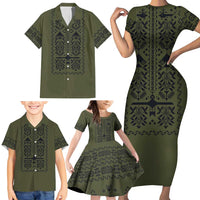 Ukraine Military Vyshyvanka Pattern Family Matching Short Sleeve Bodycon Dress and Hawaiian Shirt Ukrainian Heritage Green Tactical Style
