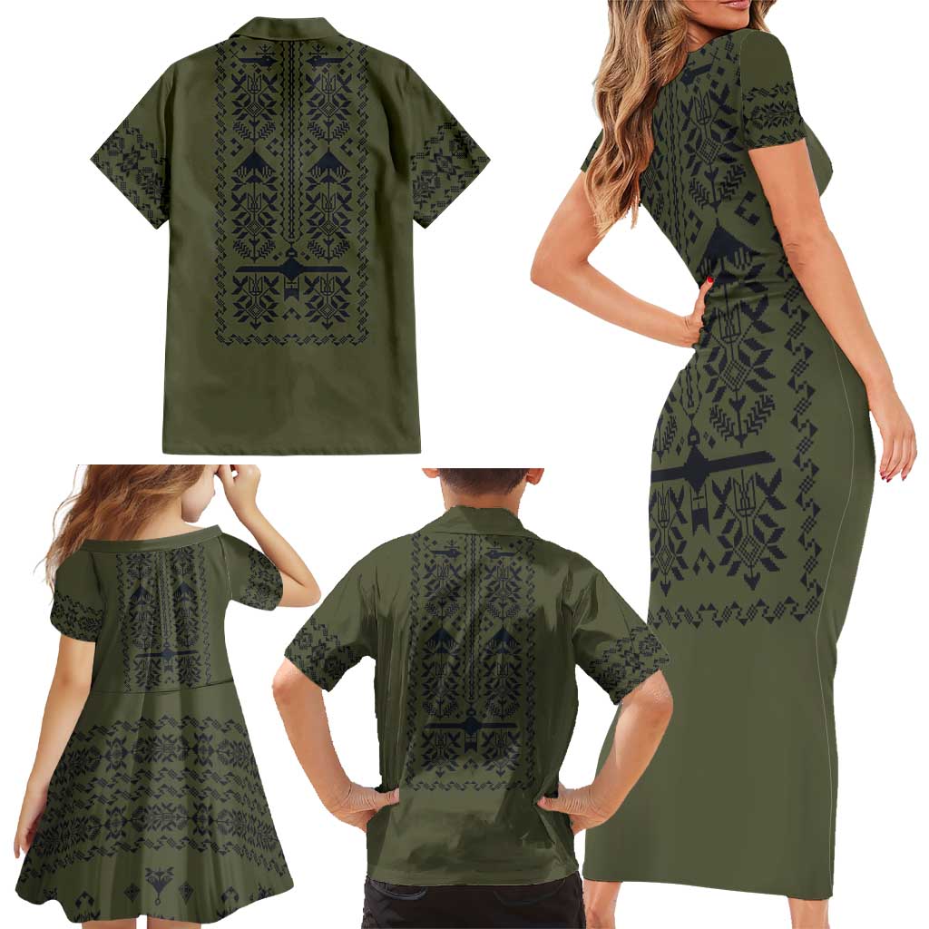 Ukraine Military Vyshyvanka Pattern Family Matching Short Sleeve Bodycon Dress and Hawaiian Shirt Ukrainian Heritage Green Tactical Style