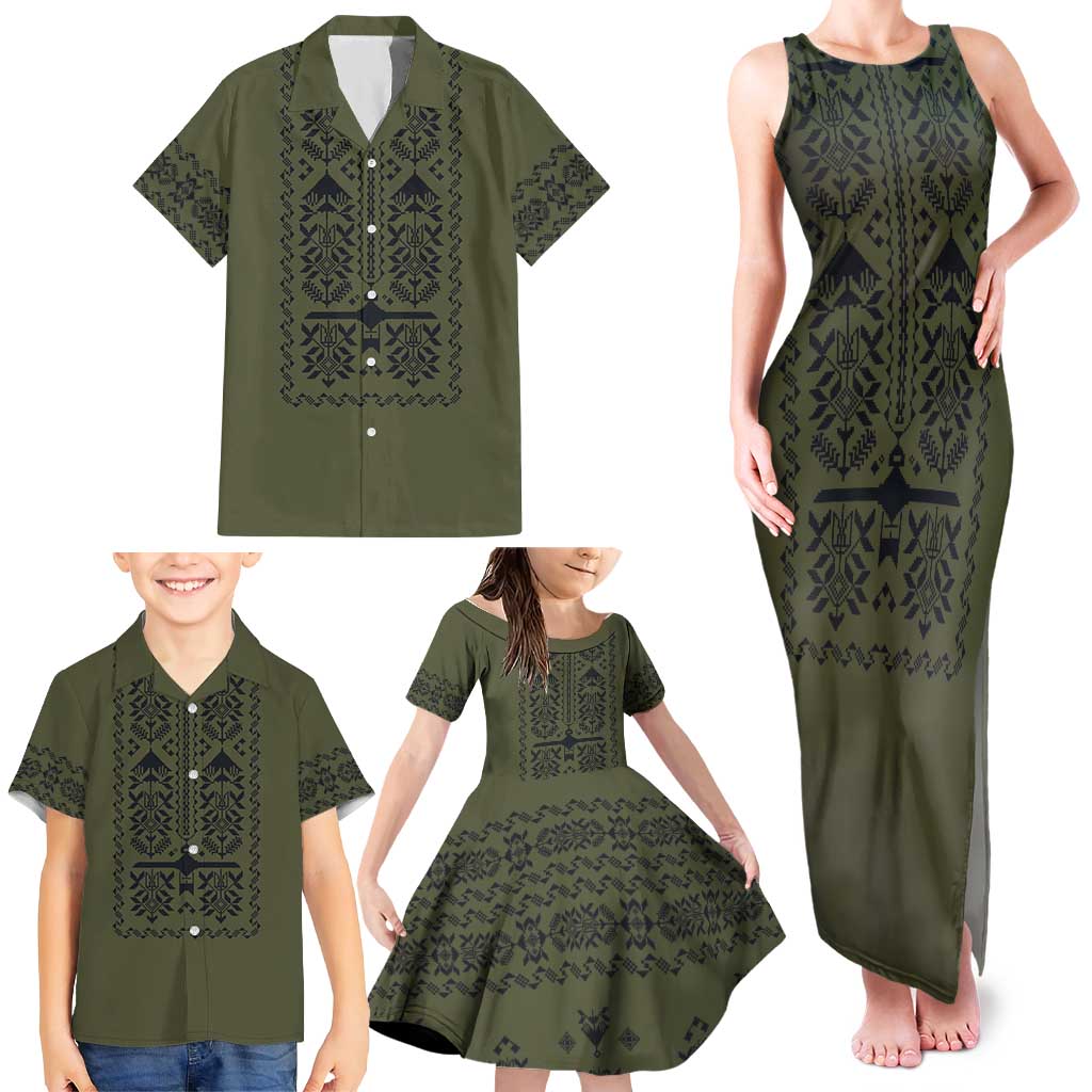 Ukraine Military Vyshyvanka Pattern Family Matching Tank Maxi Dress and Hawaiian Shirt Ukrainian Heritage Green Tactical Style
