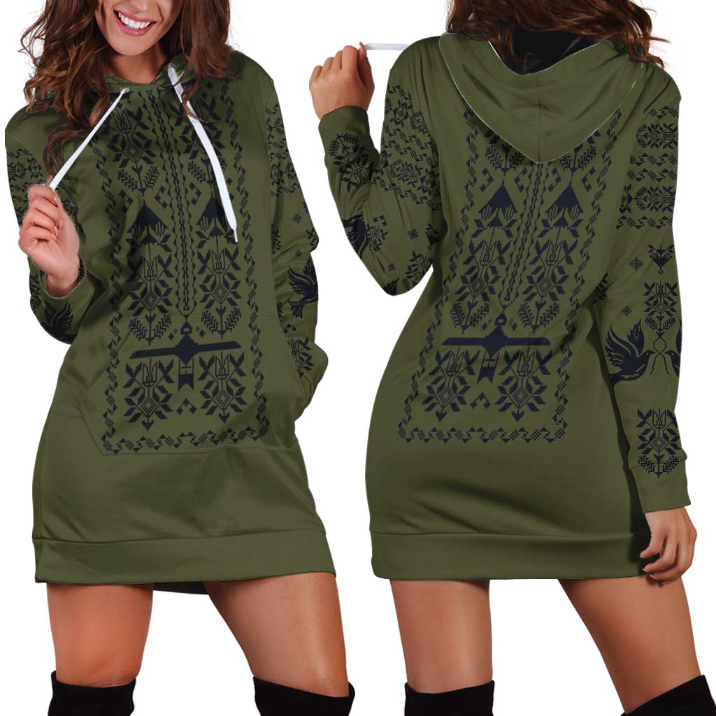 Ukraine Military Vyshyvanka Pattern Hoodie Dress Ukrainian Heritage Green Tactical Style - Wonder Print Shop