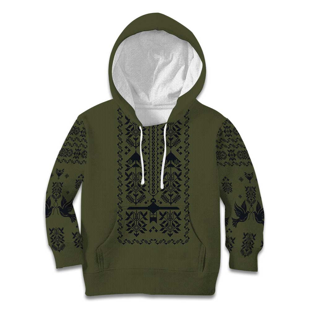 Ukraine Military Vyshyvanka Pattern Kid Hoodie Ukrainian Heritage Green Tactical Style - Wonder Print Shop