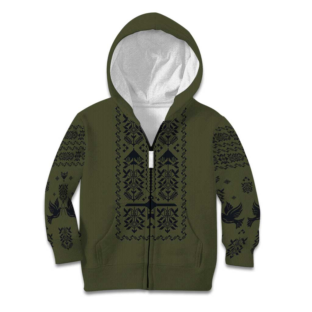 Ukraine Military Vyshyvanka Pattern Kid Hoodie Ukrainian Heritage Green Tactical Style - Wonder Print Shop