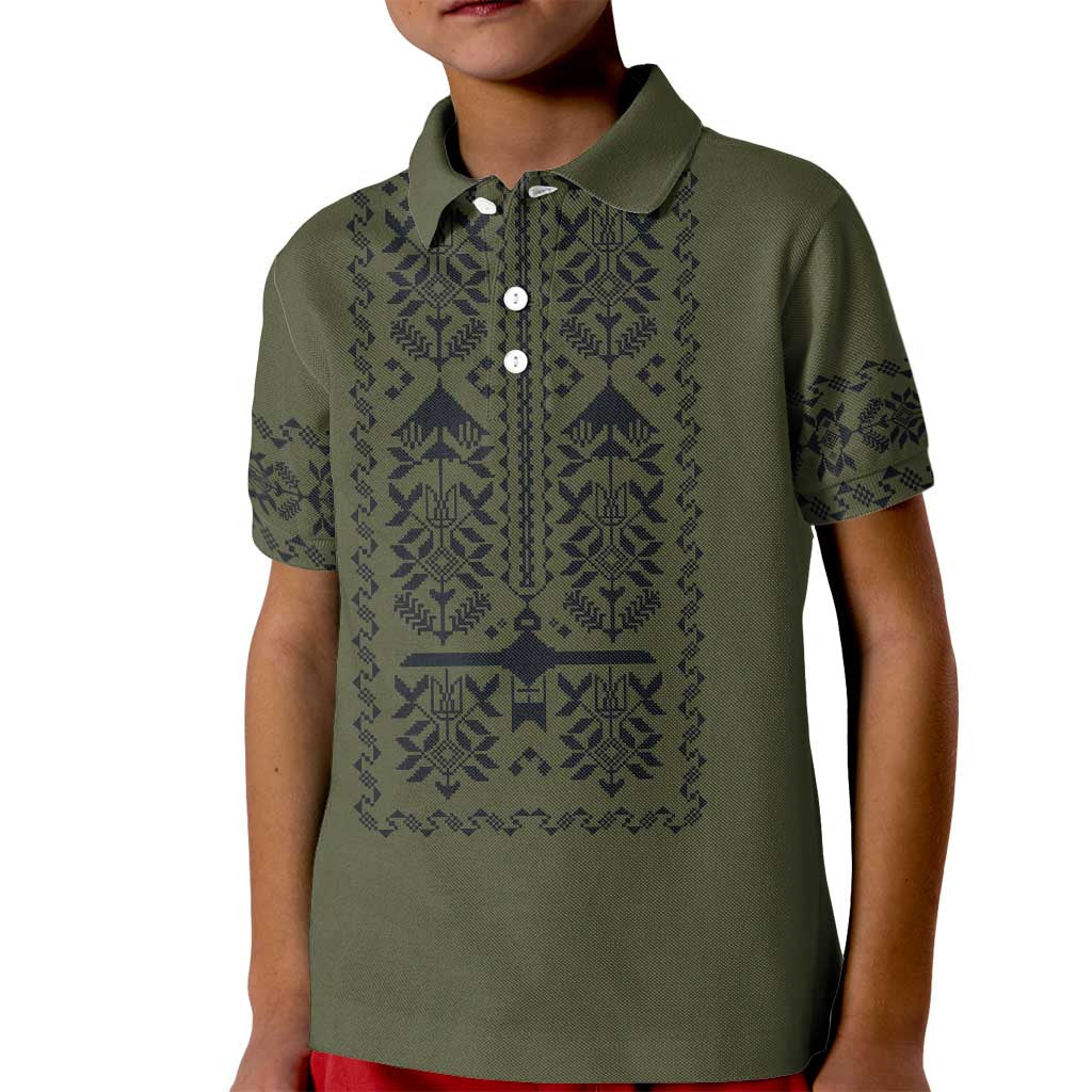 Ukraine Military Vyshyvanka Pattern Kid Polo Shirt Ukrainian Heritage Green Tactical Style - Wonder Print Shop