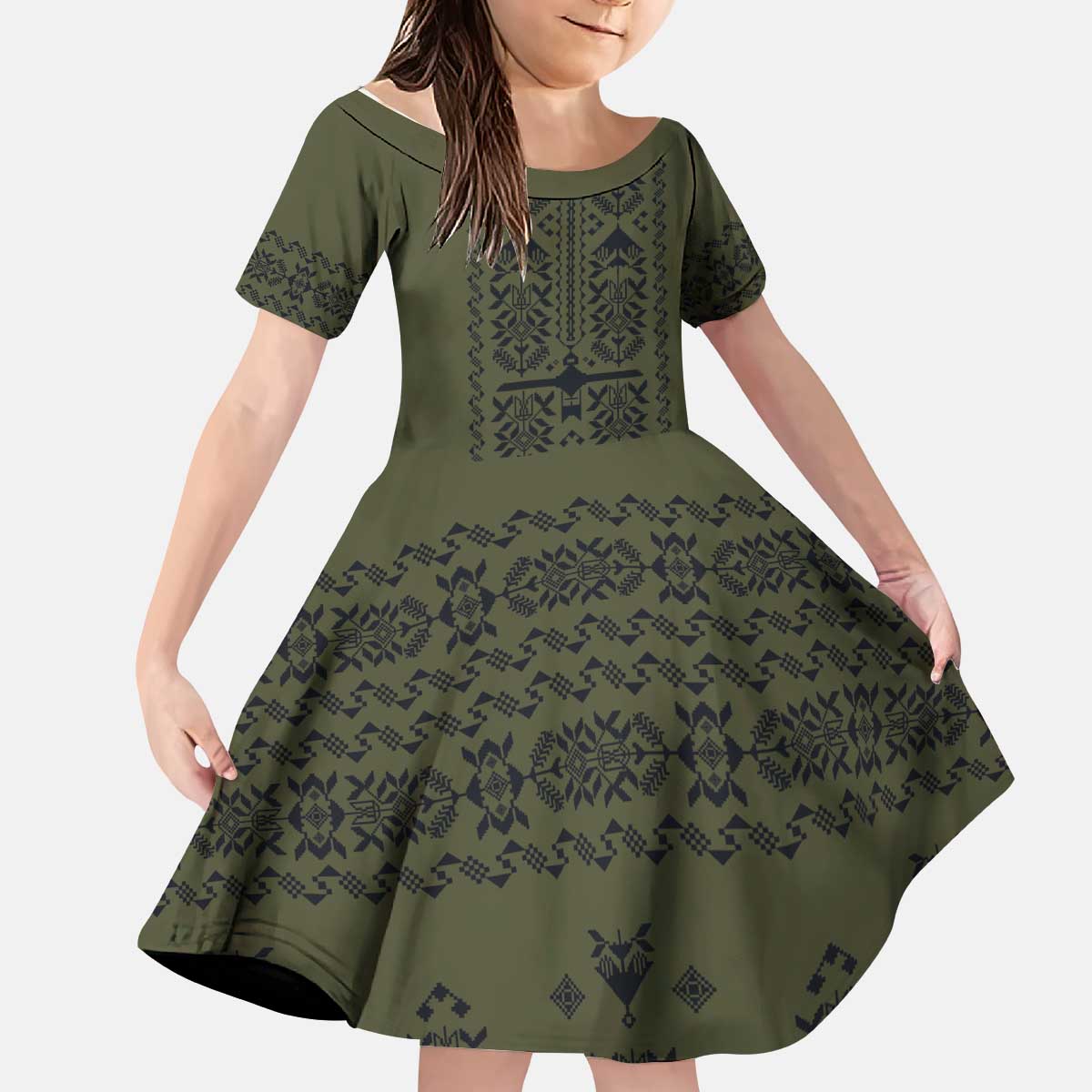 Ukraine Military Vyshyvanka Pattern Kid Short Sleeve Dress Ukrainian Heritage Green Tactical Style - Wonder Print Shop
